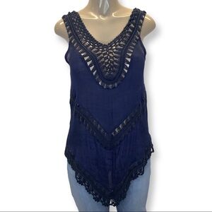 Active USA Size S/M Crochet Dark Blue Tunic with Fringes. Preowned